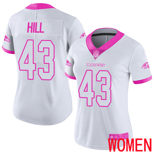 Baltimore Ravens Limited White Pink Women Justice Hill Jersey NFL Football #43 Rush Fashion->women nfl jersey->Women Jersey